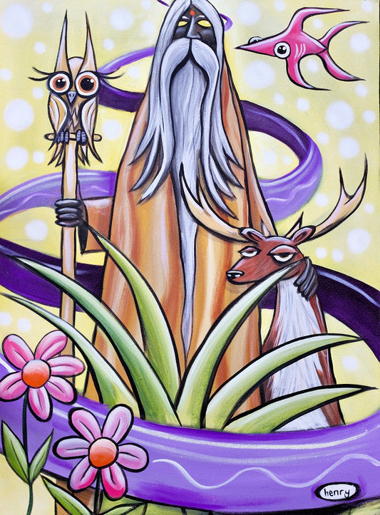 Wizard with Owl, Deer and Fish Giclee Print Featuring Original Art by Seattle Mural Artist Ryan Henry Ward