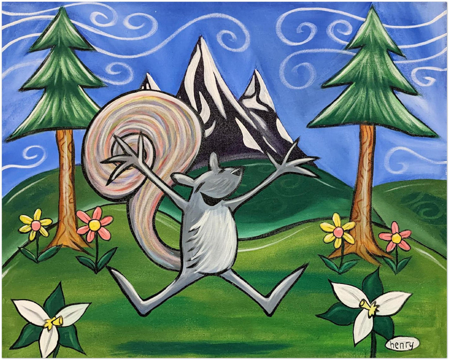 Squirrel Joyfulness Giclee Print Art Poster for wall decor features Original Painting by Seattle Mural Artist Henry