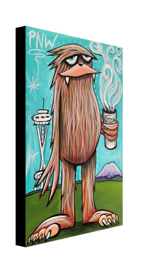 Sasquatch with Coffee in Seattle Canvas Giclee Print Featuring Original Art by Seattle Mural Artist Ryan Henry Ward