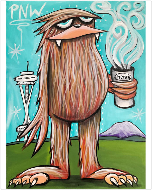 Sasquatch with Coffee in Seattle Poster