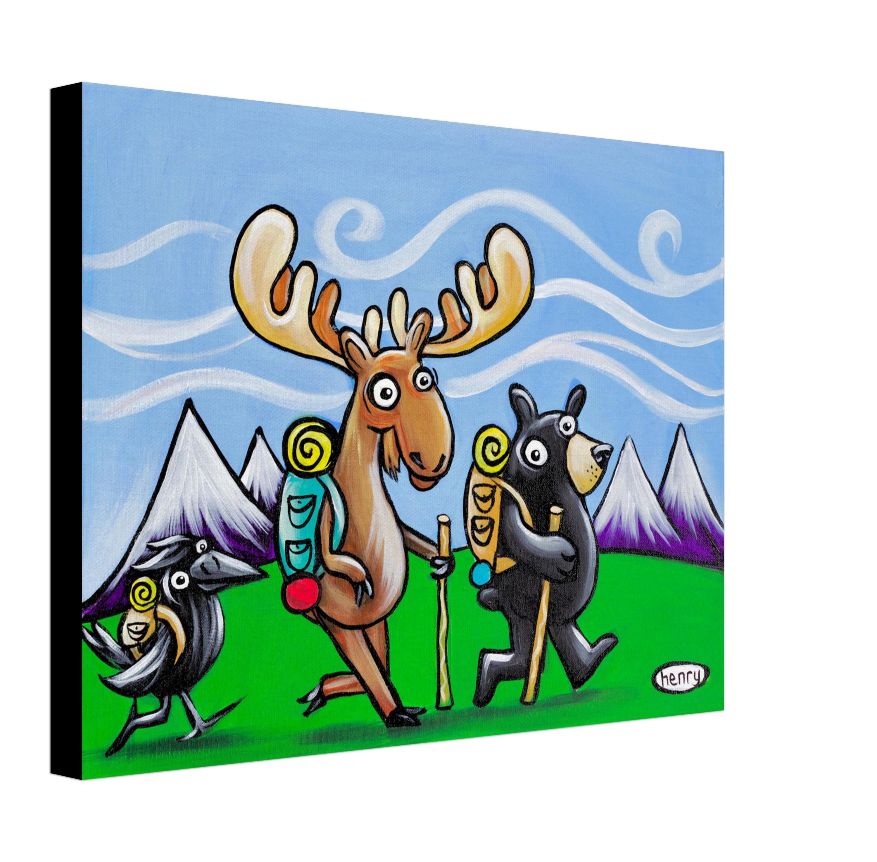 Bear, Moose and Raven Hiking Canvas Giclee Print Featuring Original Art by Seattle Mural Artist Ryan Henry Ward