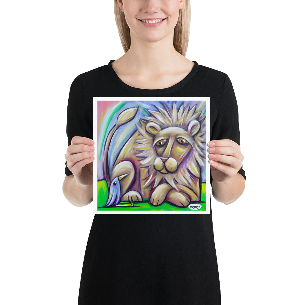 Lion and Bird Giclee Print Art Poster for wall decor features Original Painting by Seattle Mural Artist Henry