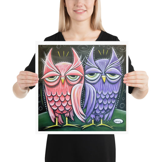 Two Sleepy Owls Giclee Print Art Poster for wall decor features Original Painting by Seattle Mural Artist Henry