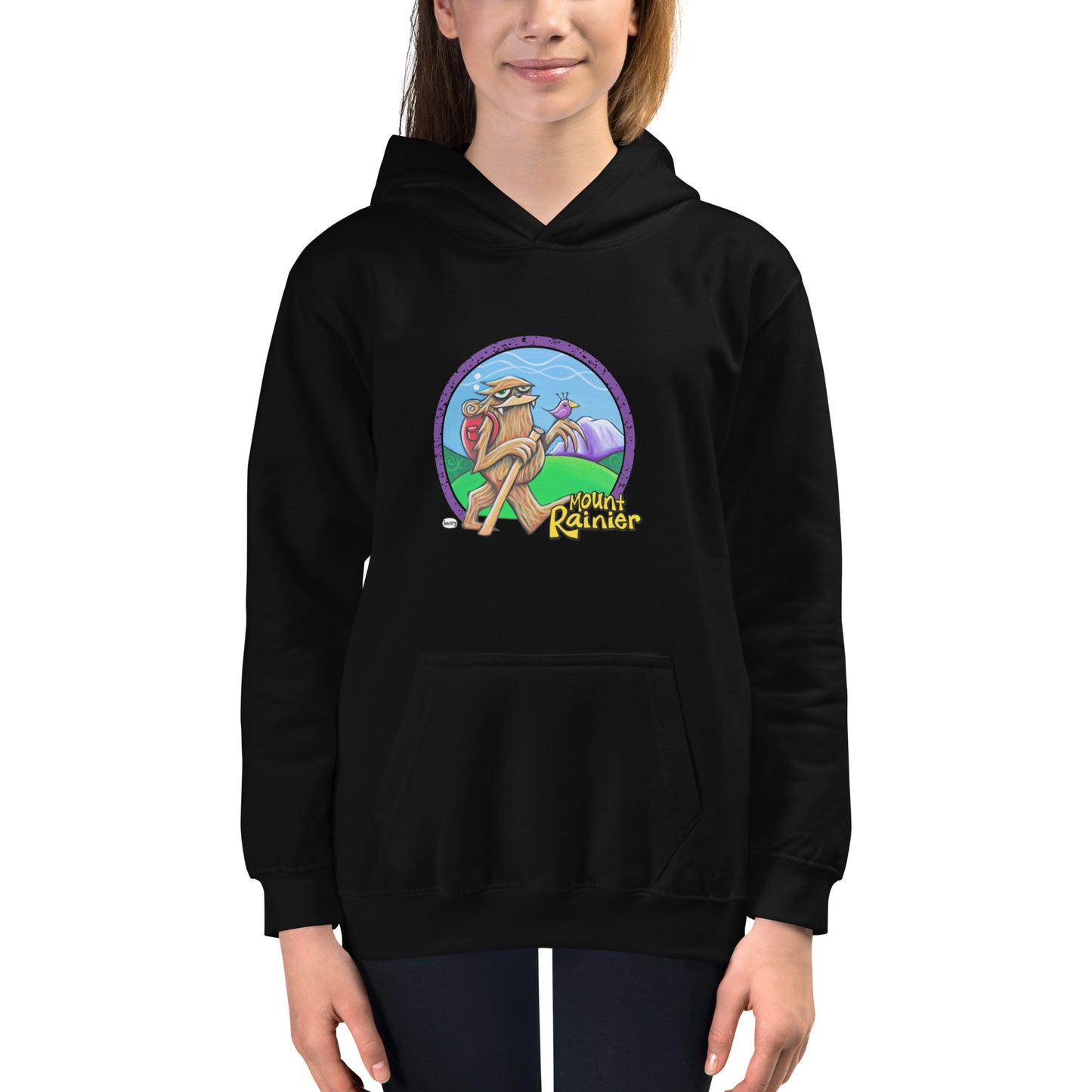 Sasquatch Hiking Mt Rainier Black Youth Hoodie | Wearable Art by Seattle Mural Artist Ryan "Henry" Ward