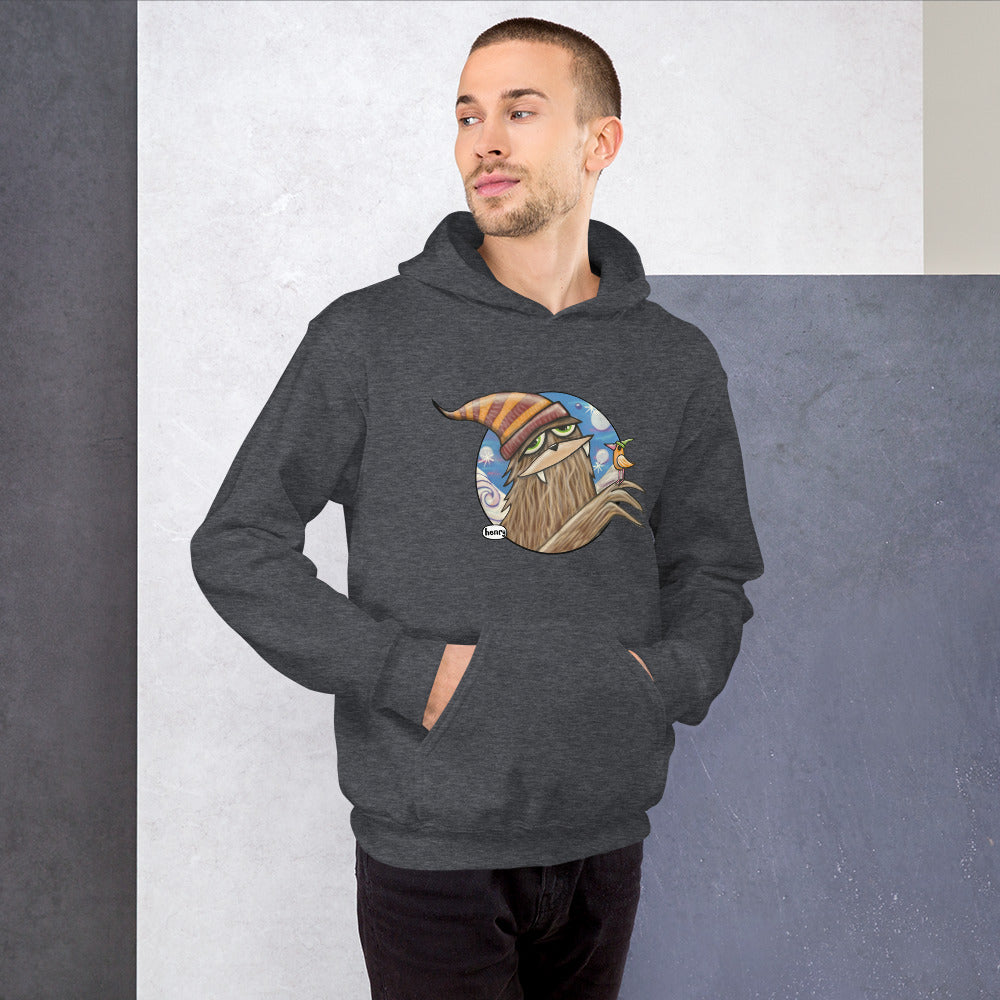 Sasquatch in Stocking Hat with Bird Dark Heathered Gray Hoodie | Wearable Art by Seattle Mural Artist Ryan "Henry" Ward