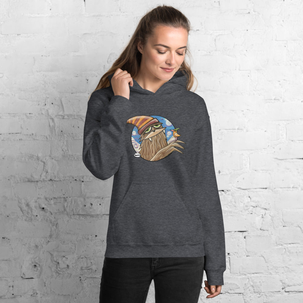Sasquatch in Stocking Hat with Bird Dark Heathered Gray Hoodie | Wearable Art by Seattle Mural Artist Ryan "Henry" Ward