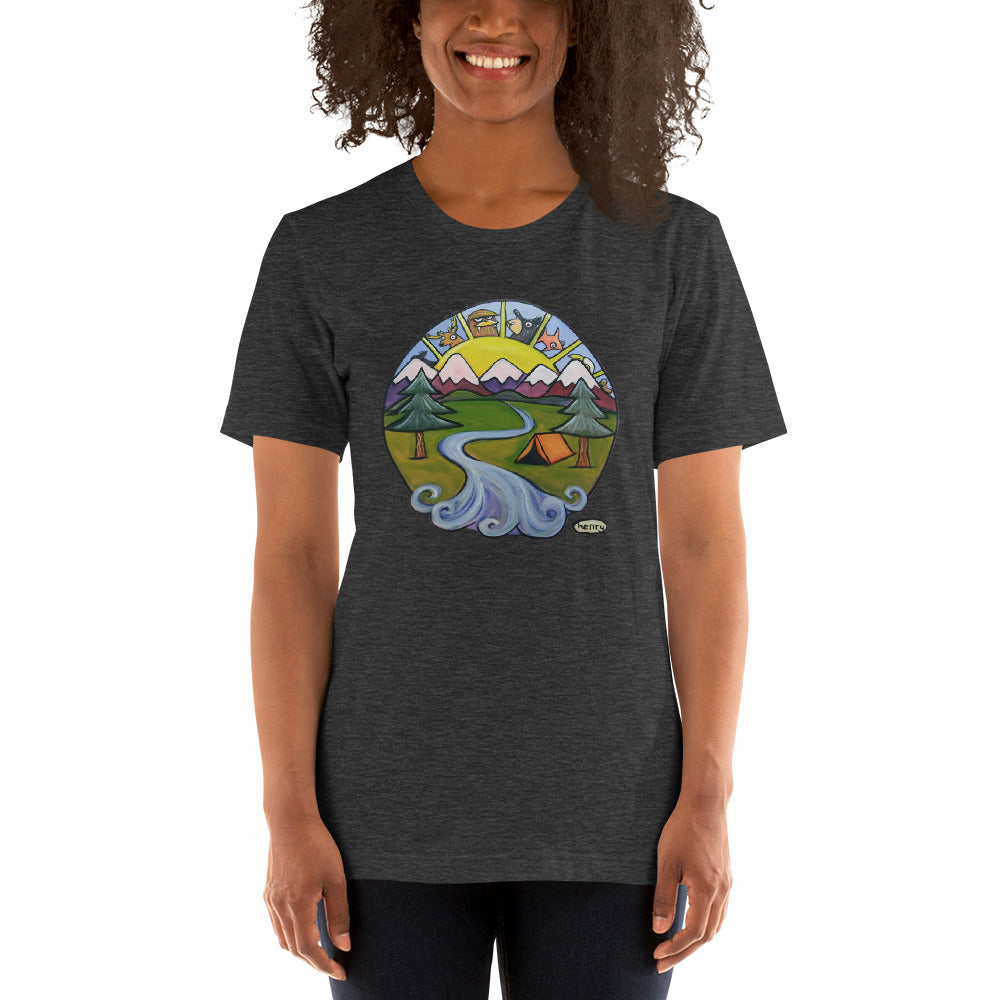 Tenting Dark Heathered Gray Unisex T-Shirt | Wearable Art by Seattle Mural Artist Ryan "Henry" Ward