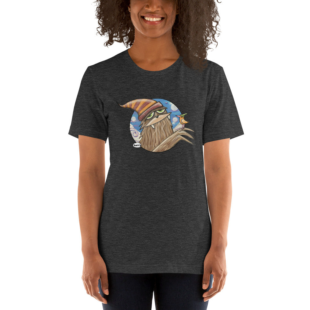 Sasquatch in Hat with Bird Dark Heathered Gray Unisex T-Shirt | Wearable Art by Seattle Mural Artist Ryan "Henry" Ward