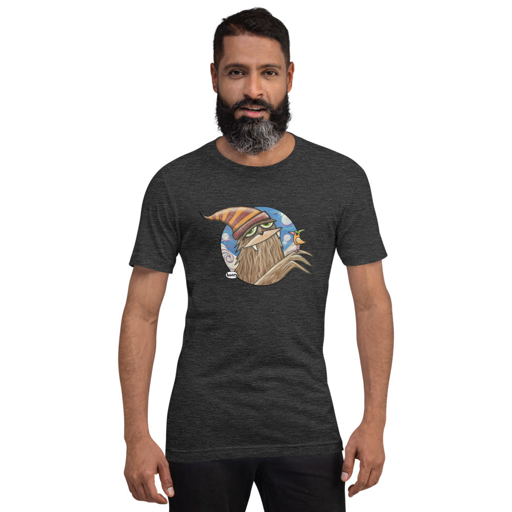 Sasquatch in Hat with Bird Dark Heathered Gray Unisex T-Shirt | Wearable Art by Seattle Mural Artist Ryan "Henry" Ward