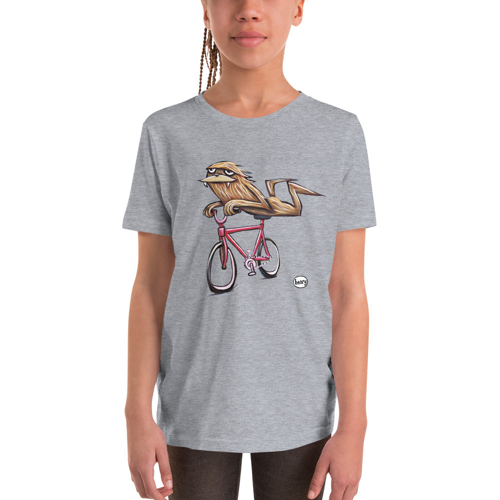 Sasquatch Riding Bike Light Heather Gray Youth T-Shirt | Wearable Art by Seattle Mural Artist Ryan "Henry" Ward