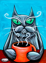 A whimsical illustration of a cat holding an orange mug, with steam rising from the mug, against a blue background.
