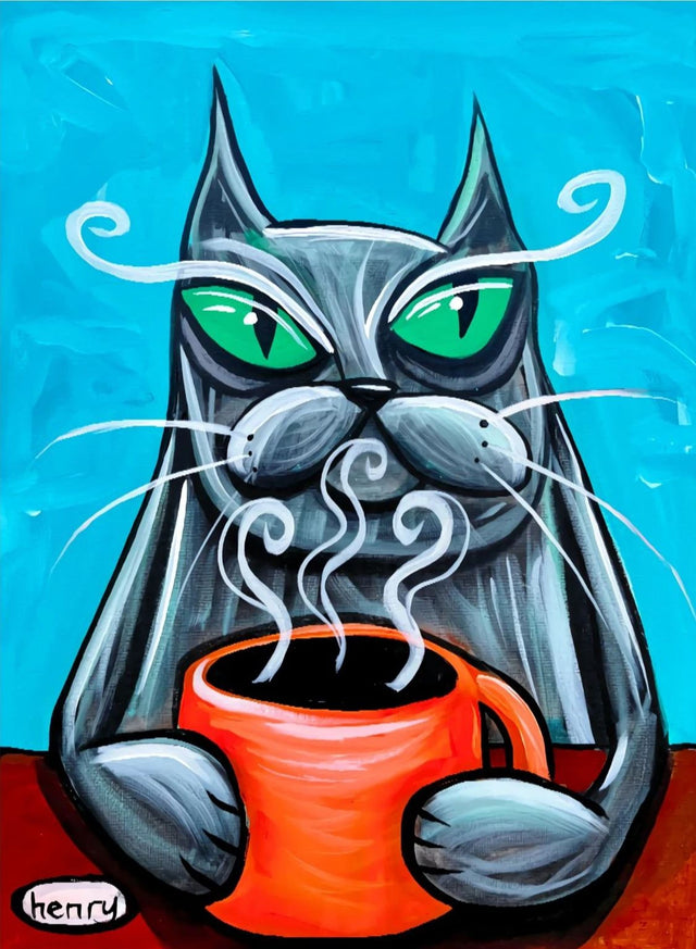 A whimsical illustration of a cat holding an orange mug, with steam rising from the mug, against a blue background.