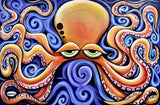 The image is a vibrant and whimsical painting of an orange octopus with its tentacles spread out, set against a swirling blue background.