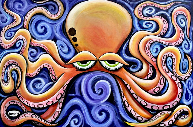 The image is a vibrant and whimsical painting of an orange octopus with its tentacles spread out, set against a swirling blue background.
