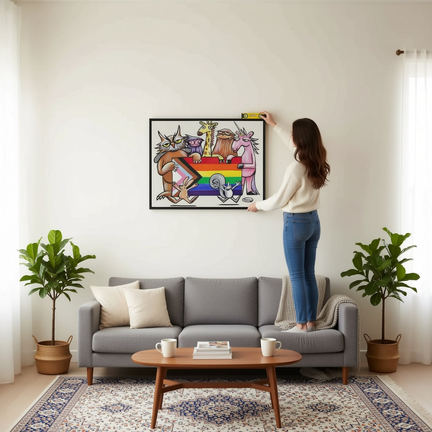 A man is standing on a stool and hanging a colorful, abstract painting on a wall in a room with a potted plant and a white table.