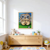 a child's bedroom with a wooden dresser, a teddy bear, and a framed picture of a cartoon character.