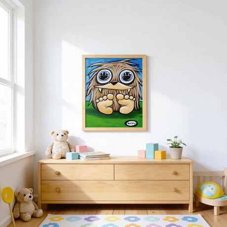 a child's bedroom with a wooden dresser, a teddy bear, and a framed picture of a cartoon character.
