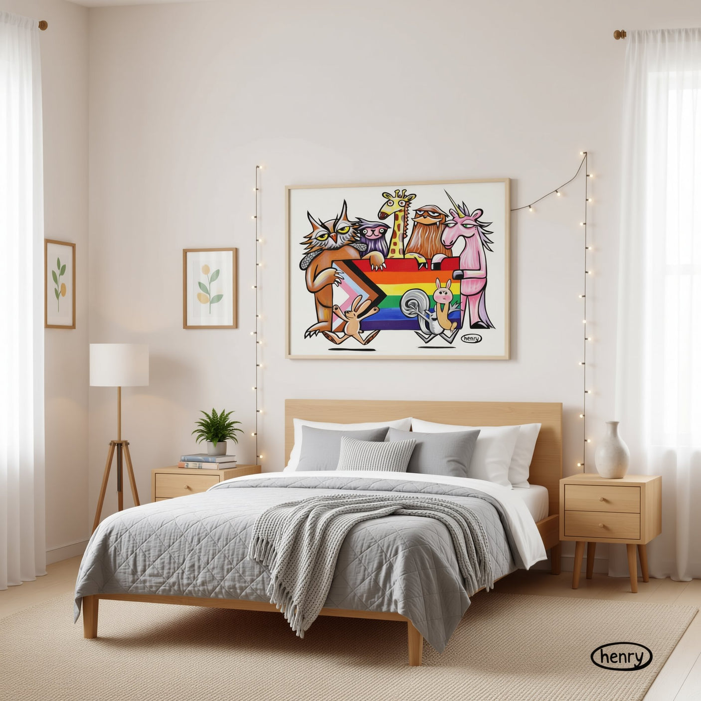 a bedroom with a large bed, a nightstand, and a lamp. Above the bed is a colorful painting featuring a group of animals, including a giraffe, unicorn, and lion, along with a rainbow flag.