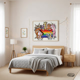 a bedroom with a large bed, a nightstand, and a lamp. Above the bed is a colorful painting featuring a group of animals, including a giraffe, unicorn, and lion, along with a rainbow flag.