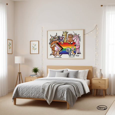 a bedroom with a large bed, a nightstand, and a lamp. Above the bed is a colorful painting featuring a group of animals, including a giraffe, unicorn, and lion, along with a rainbow flag.