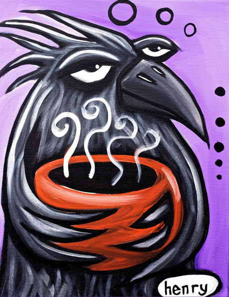 The image is a painting of a black bird holding a red bowl with steam coming out of it, set against a purple background with circles floating around.