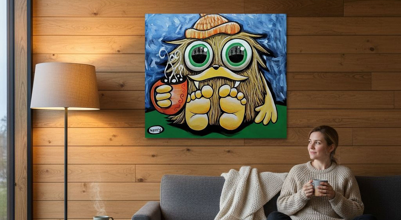 A woman sits on a gray couch in a cozy living room, holding a cup of coffee and looking at a large, colorful painting of a whimsical creature with large eyes and a hat.