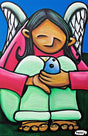 A colorful painting depicting a young girl with long dark hair, wearing a pink dress and holding a blue bird.