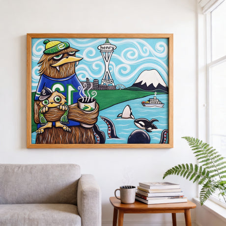 a large, colorful painting of a cartoon-style scene with various animals and objects, including a bird, a whale, a mountain, and a city skyline.