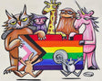 A group of colorful cartoon animals, including a giraffe, owl, unicorn, rabbit, and squirrel, are holding a rainbow flag.