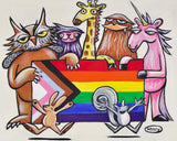 A group of colorful cartoon animals, including a giraffe, owl, unicorn, rabbit, and squirrel, are holding a rainbow flag.
