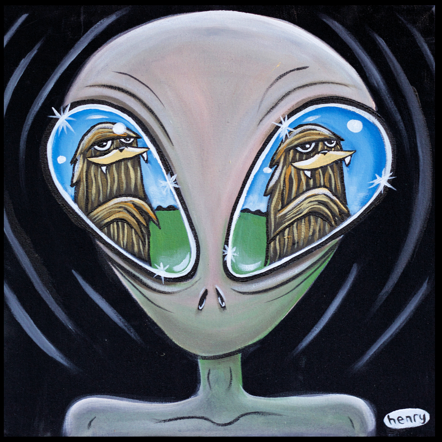 Alien Eyeing Sasquatch - Mounted Framed Poster