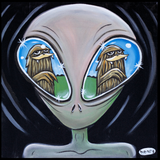 Alien Eyeing Sasquatch - Mounted Framed Poster