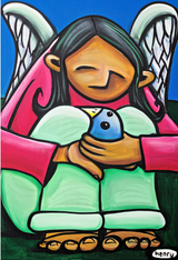 Colorful artwork of a child with angel wings holding a bird, signed 'henry'.