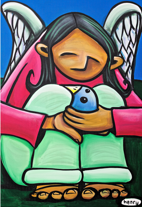 Colorful artwork of a child with angel wings holding a bird, signed 'henry'.
