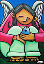 Colorful artwork of a child with angel wings holding a bird, signed 'henry'.