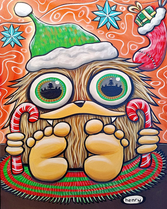 Baby Sasquatch Christmas Canvas Giclee Print Featuring Original Art by Seattle Mural Artist Ryan Henry Ward