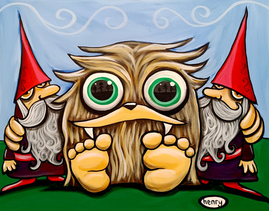 Baby Sasquatch with Gnomes - Framed Canvas Print