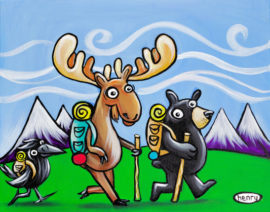 Bear, Moose and Raven Hiking - Framed Canvas Print