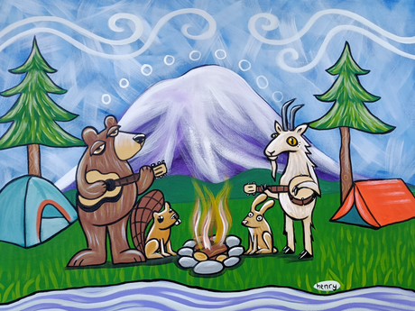 Illustration of animals around a campfire with tents and mountains in the background