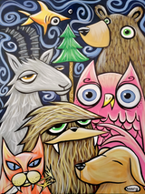 Colorful illustration of various animals with a starry night background