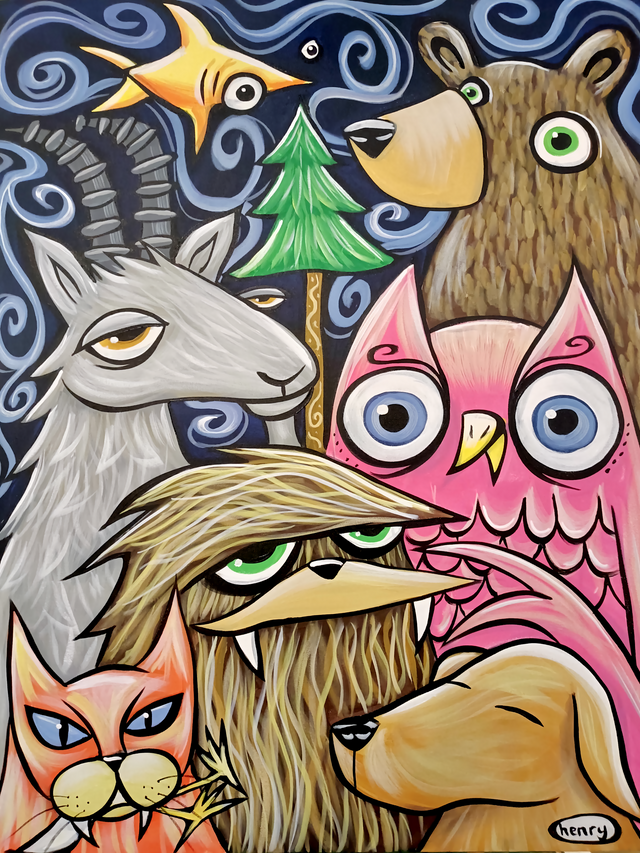 Colorful illustration of various animals with a starry night background