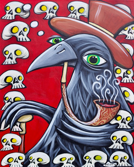 Crow with Pipe and Skulls - Framed Canvas