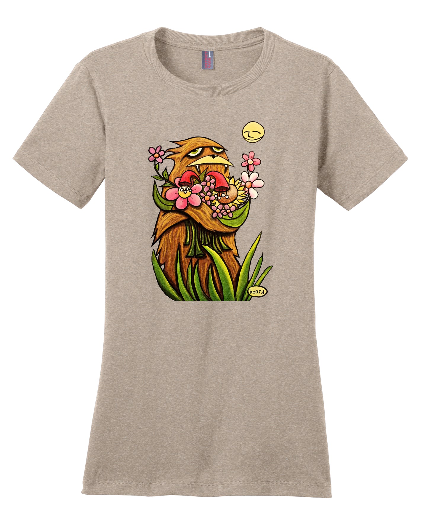 Sasquatch Hugging Flowers | Feminine Cut T-Shirt | Wearable Art by "Henry"
