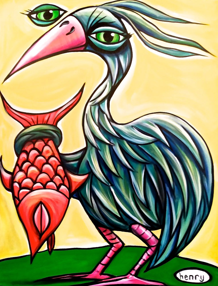 Heron with Fish Canvas Giclee Print Featuring Original Art by Seattle Mural Artist Ryan Henry Ward