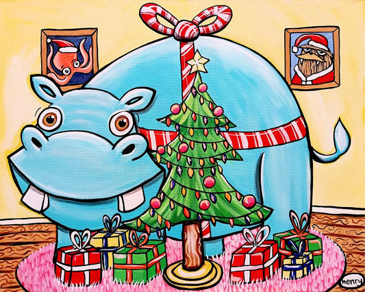 Hippo under the Christmas Tree Canvas Giclee Print Featuring Original Art by Seattle Mural Artist Ryan Henry Ward