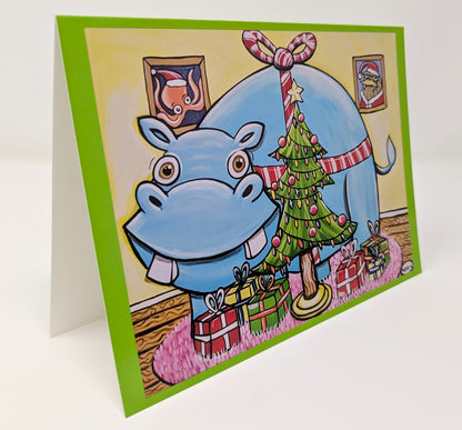 Hippopotamus Under the Christmas Tree Greeting Cards - 6 pack