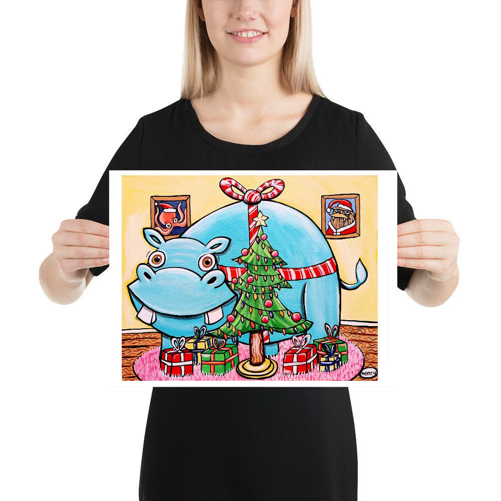 Hippo under the Christmas Tree Giclee Art Print Poster from Seattle Artist Henry