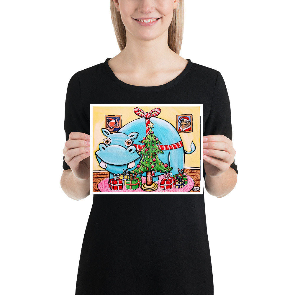 Hippo under the Christmas Tree Giclee Art Print Poster from Seattle Artist Henry