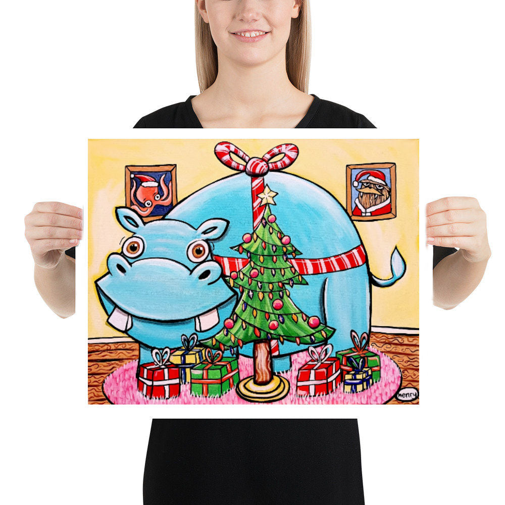 Hippo under the Christmas Tree Giclee Art Print Poster from Seattle Artist Henry