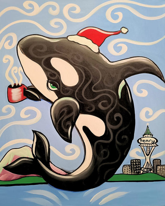 Orca Christmas Canvas Giclee Print Featuring Original Art by Seattle Mural Artist Ryan Henry Ward